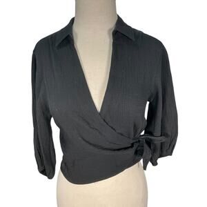 HYFVE Black Wrap Top Womens Small Tie Waist V Neck Minimalist Capsule Blouse